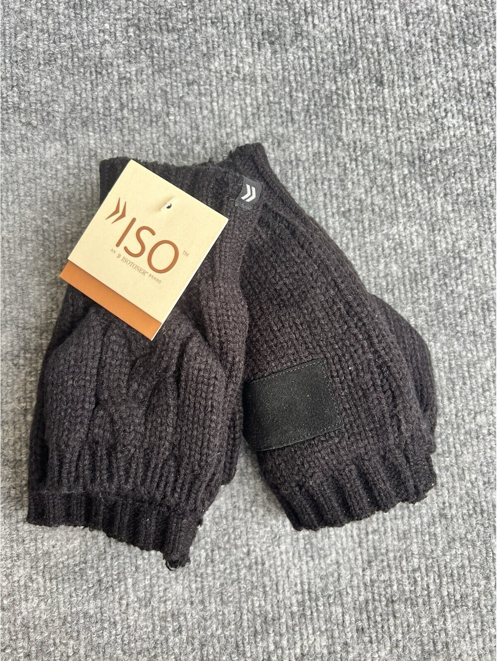 isotoner Black Fingerless Top Flip Gloves Acrylic Leather Patch One Size NWT